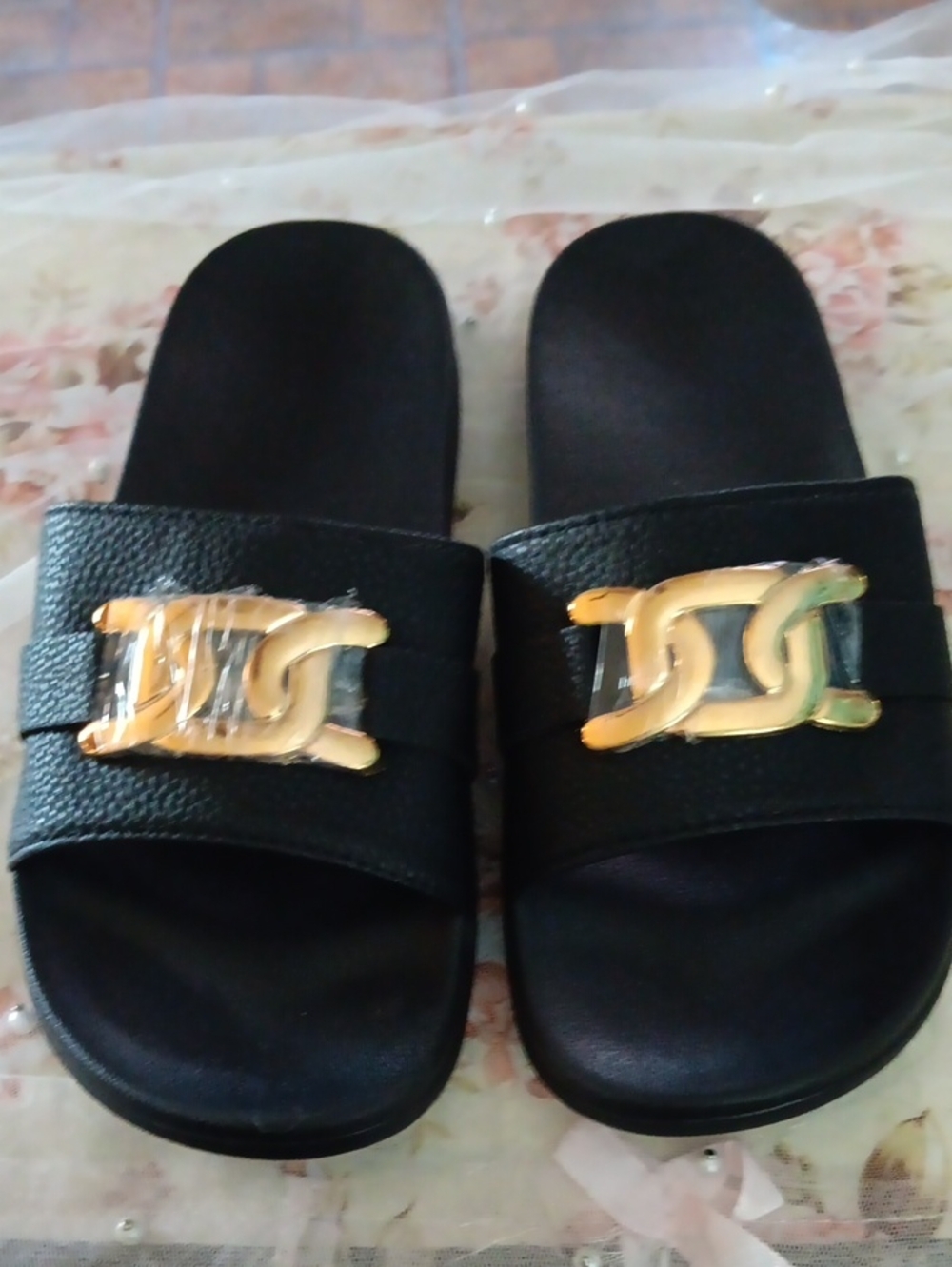 Black Slide Sandals with Gold Chain Accent